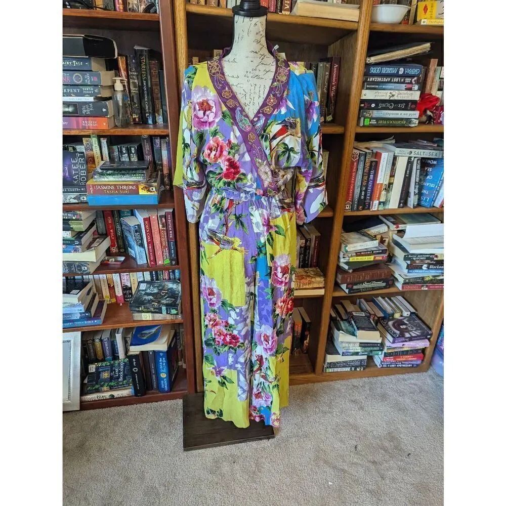 Derhy Women’s Medium Purple Violet Nanouk Floral Kimono Style Wrap Jumpsuit NWT